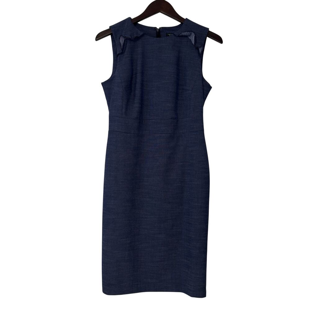 Ann Taylor Chambray Sheath Dress Women's 4 Navy Blue Sleeveless Ruffle Office